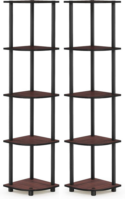Furinno TURN-N-TUBE Corner Shelf Set of 2, 5-Tier Corner Bookshelf, Open Storage Shelves, for Organization and Storage, Living Room, Home Office, Garage, Dark Cherry