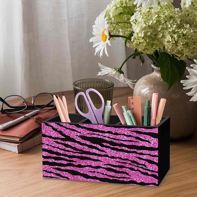 DILSJ Hot Pink Zebra Print Pen Pencil Holder Organizer for Desk, Mcbling Room Decor, Y2k Decor Mcbling Wooden Box Signs for Home Office Desk Tabletop Decoration