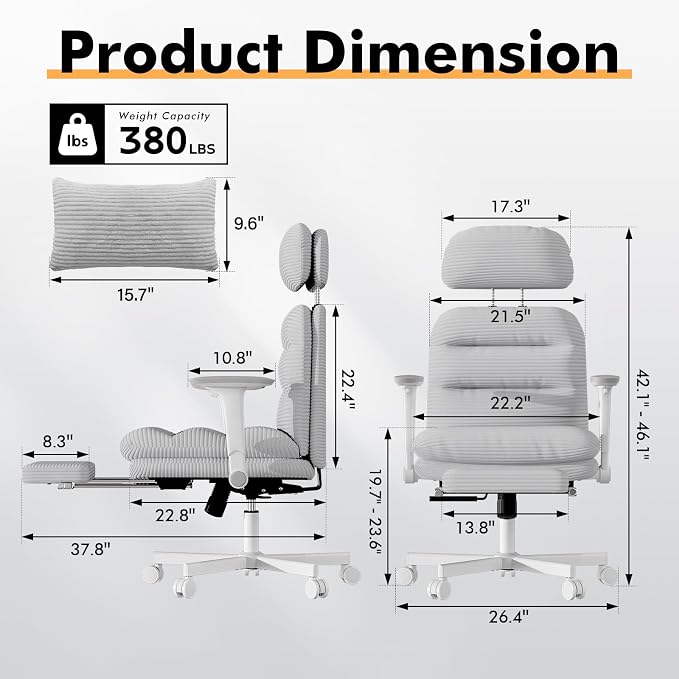 GXJ Criss Cross Legged Office Chair with Flip-up Arms, Footrest, G800 Plus | 6.3" Cushion Relieves Tailbone Pain, Head-Lumbar Support Eases Fatigue, Smooth Rolling Wheels, Corduroy Desk Seating, Grey