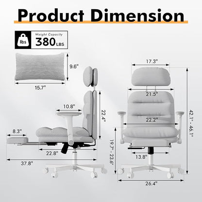 GXJ Criss Cross Legged Office Chair with Flip-up Arms, Footrest, G800 Plus | 6.3" Cushion Relieves Tailbone Pain, Head-Lumbar Support Eases Fatigue, Smooth Rolling Wheels, Corduroy Desk Seating, Grey