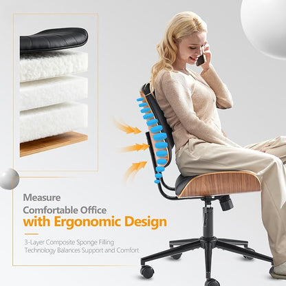 VINGLI Wide Curved Seat&Back Armless Home Office Chair,Ergoromic Adjustable-Height Desk Chair,Swivel&Tilting Function,Stylish Walnut Task Chair for Meeing Room,Dining Room,PU, Black