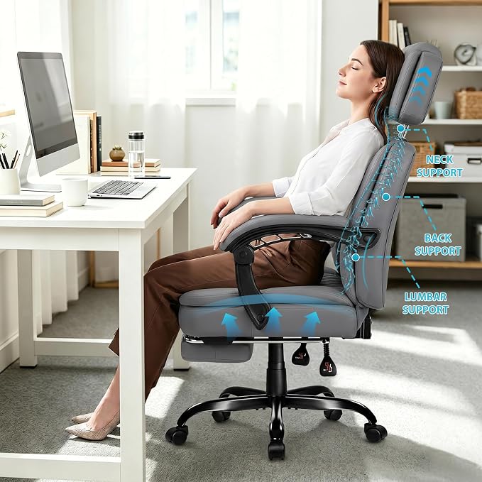 PRETZI Executive Office Chair 400LBS, Ergonomic Office Chair with Foot Rest, Heavy Duty Desk Chair for Home Office, Reclining High Back PU Leather Computer Chair Comfy, Gray