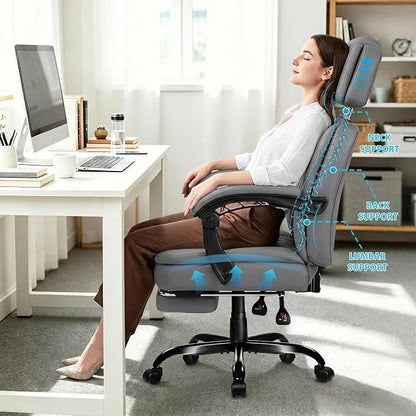 PRETZI Executive Office Chair 400LBS, Ergonomic Office Chair with Foot Rest, Heavy Duty Desk Chair for Home Office, Reclining High Back PU Leather Computer Chair Comfy, Gray