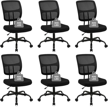 CLATINA Armless Home Office Chair, Small Ergonomic Mesh Back Desk Chair with Lumbar Support and Wheels, Adjustable Height 360° Swivel Rolling Computer Chair for Conference Waiting, Black, 6Pack