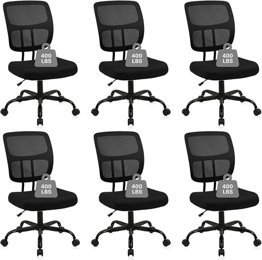 CLATINA Armless Home Office Chair, Small Ergonomic Mesh Back Desk Chair with Lumbar Support and Wheels, Adjustable Height 360° Swivel Rolling Computer Chair for Conference Waiting, Black, 6Pack