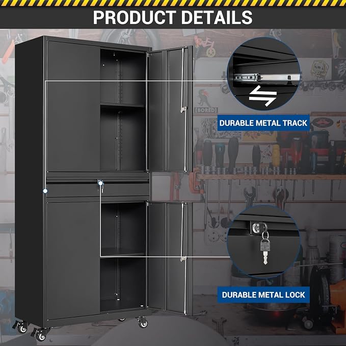 Fesbos 73" Metal Cabinet-Black Heavy Duty Rolling Storage Cabinet Steel Cabinets with Wheels, Shelves, Lockable Doors and Drawers- for Garage, Pantry, Warehouse - Assembly Required