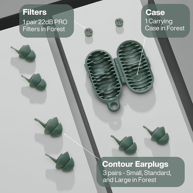 EARPEACE Everyday Noise Control & Noise Reduction Ear Plugs - High-Fidelity Earplugs, Comfortable & Reusable Earplugs for Travel, Sleep, Work, Snoring Blocking, Includes Carrying Case - Forest (Green)