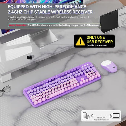 Wireless Keyboards Mouse Combos, Colorful Cute Typewriter Full-Size Retro Creamy Keyboard, 2.4GHz Sleep Mode Office Quiet Wireless Keyboard and Mouse Set for Desktop Laptop PC Computer(Purple)