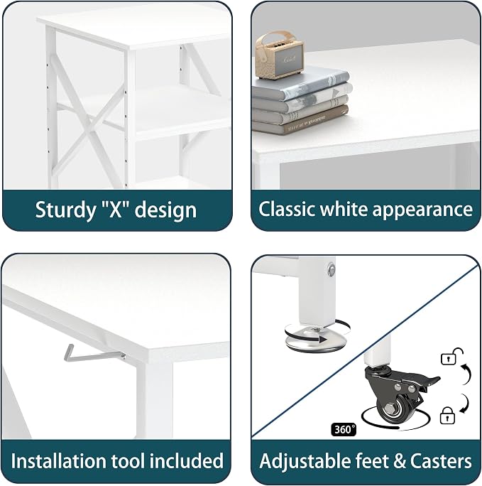 Printer Stand, 23.6 x 23.6 Inches Large Printer Stand with Adjustable Storage Shelf, 3 Tier Printer Table for Home Office, Rolling Printer Cart with Industrial Wheels, Mini Fridge Stand Table, White