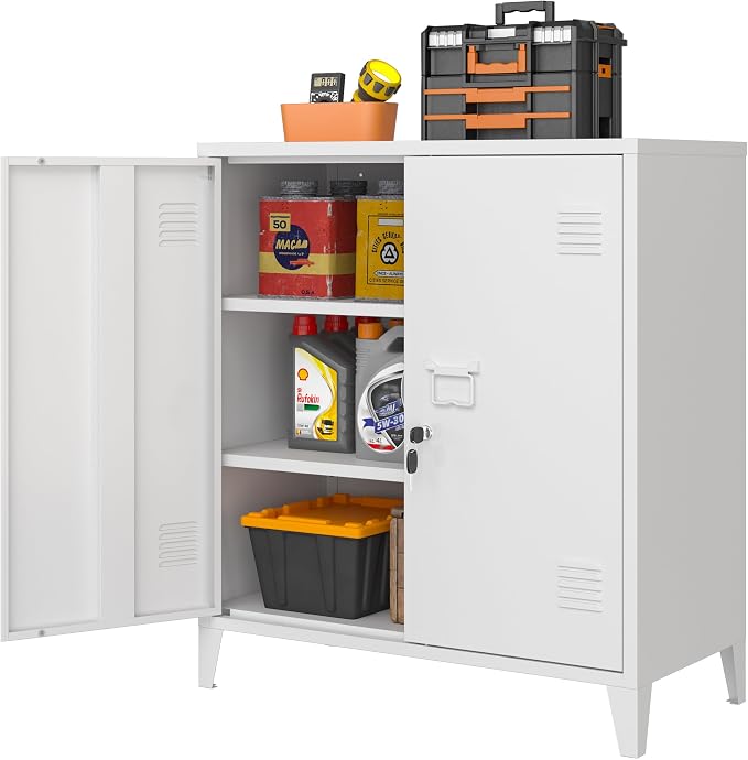 Metal Storage Cabinet 35.4”H Lockable Storage Cabinet (White) | With 2 Adjustable Shelves and Doors, White Small Storage Cabinet for Home Warehouse Office Garage