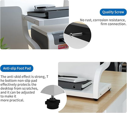 PUNCIA 2 Tier Wood Printer Stand with Storage Heavy Duty Desktop Shelf | White Modern Minimalist Style Fits Laser Printers Copiers Fax Machines, Organizer for Home Office Dorm Small Spaces