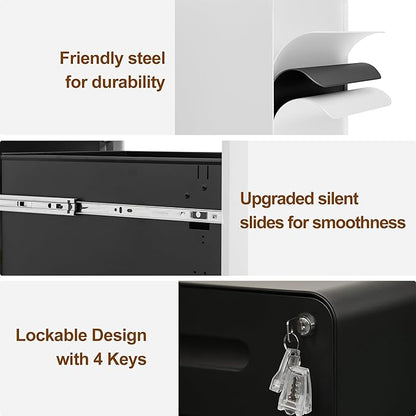 2 Drawer File Cabinet with Lock and 4 Keys, Mobile Metal Filing Cabinet, File Cabinets for Home Office, Under Desk, Pre-Assembly, File Drawer, Letter/Legal/A4 Hanging File Folders