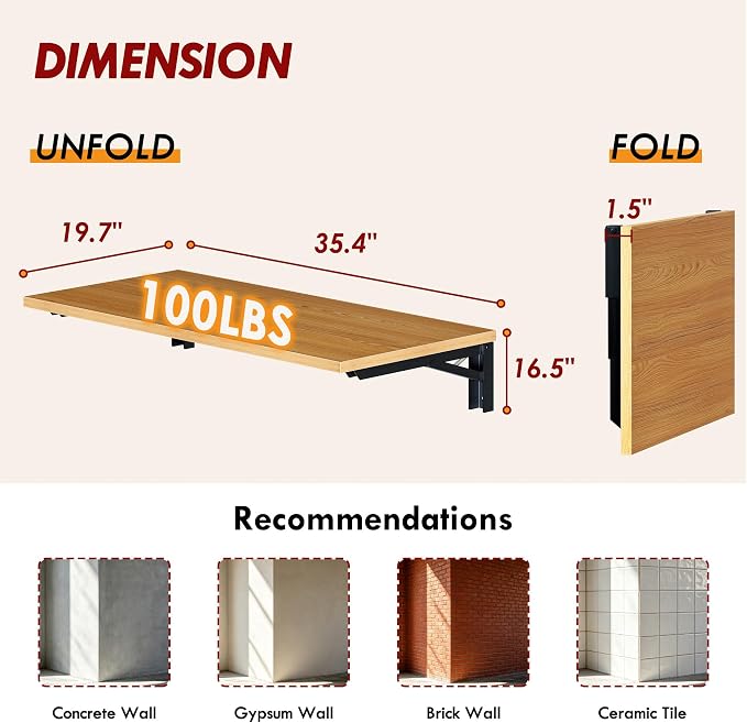 Need Wall Mounted Table - Heavy Duty Small Fold Down Desk Length 36" Width 20" Perfect Addition to Garage & Shed/Home Office/Laundry/Home Bar/Kitchen & Dining Room AC15BB(9050)