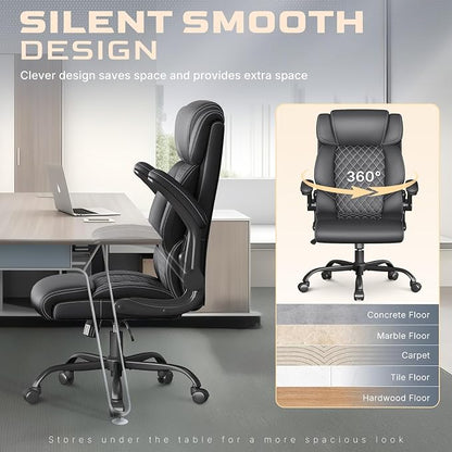 Office Chair-Executive High Back Breathable Big and Tall Office Chair Flip-up Armrests Lumbar Support-Ergonomic Leather Rolling Swivel Chair with Rock Function for Working Studying Gaming,2 Pack