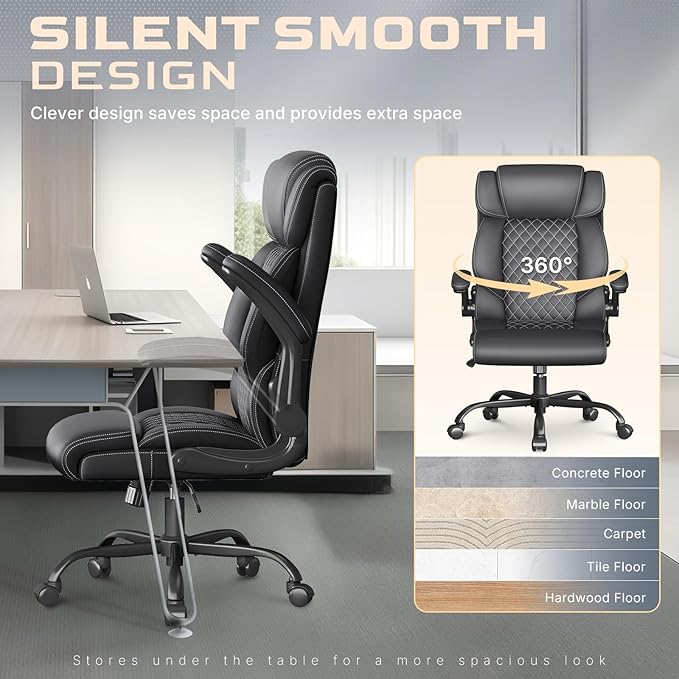 Office Chair-Executive High Back Breathable Big and Tall Office Chair Flip-up Armrests Lumbar Support-Ergonomic Leather Rolling Swivel Chair with Rock Function for Working Studying Gaming,4 Pack