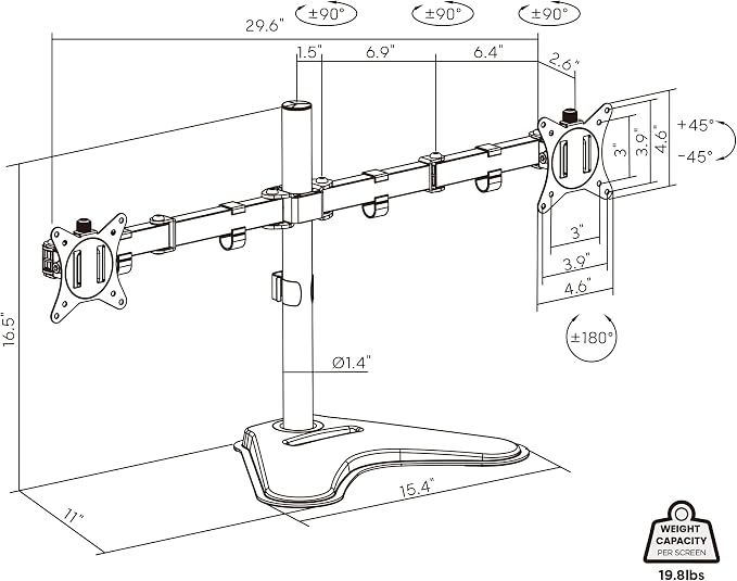 Mount-It! Dual Monitor Desk Stand Mount for 2 Screens VESA 75x75 & 100x100 | For Monitors up to 32”, Height Adjustable with Tilt, Swivel & Rotation