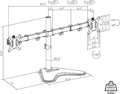 Mount-It! Dual Monitor Desk Stand Mount for 2 Screens VESA 75x75 & 100x100 | For Monitors up to 32”, Height Adjustable with Tilt, Swivel & Rotation