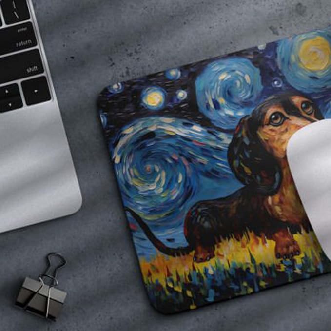 Starry Night Dog Mouse Pad for Computer Laptop Home Office Gaming Working Desk Desktop Accessories Non-Slip Rubber Mouse Pad for Dog Lovers (Dachshund)