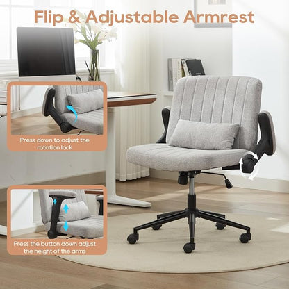 IPKIG Criss Cross Chair with Adjustable Flip-up Arms, Vanity Chair with Wheels, Comfy Desk Chair with Lumbar Pillow Swivel Wide Office Chair for Home Office, Bedroom (Linen, Grey)