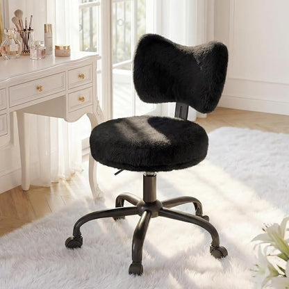 Homkdom Vanity Chair with Wheels, Cute Desk Chair with Bow Backrest, Fluffy Faux Rabbit Fur Small Office Chair for Vanity, Make-up Room, Bedroom, Dorm, Height Adjustable, Black