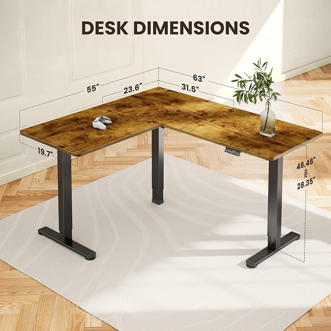ErGear L Shaped Standing Desk, 63"x55" Electric Adjustable Height Sit Stand up Desk, Ergonomic Large Computer Table, Left & Right Interchangeable Installation, Suitable for Home Office, Vintage Brown