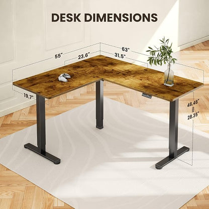 ErGear L Shaped Standing Desk, 63"x55" Electric Adjustable Height Sit Stand up Desk, Ergonomic Large Computer Table, Left & Right Interchangeable Installation, Suitable for Home Office, Vintage Brown