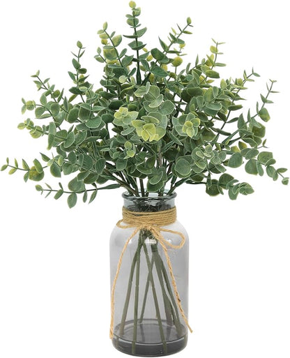 Coferset Eucalyptus Stems in Glass Vase with Faux Water, 14" Eucalyptus Fake Plants Faux Greenery Plants Decorations for Home Bathroom Office Farmhouse Shelf Coffee Table Centerpiece (Gray Vase)