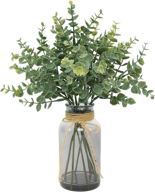 Coferset Eucalyptus Stems in Glass Vase with Faux Water, 14" Eucalyptus Fake Plants Faux Greenery Plants Decorations for Home Bathroom Office Farmhouse Shelf Coffee Table Centerpiece (Gray Vase)