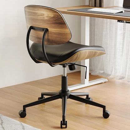 Armless Office Chair with Wheels, PU Leather Adjustable Height Desk Chair - 360° Swivel Ergonomic Computer Chair for Small Space, Modern Walnut Style, Home & Meeting Room, Black