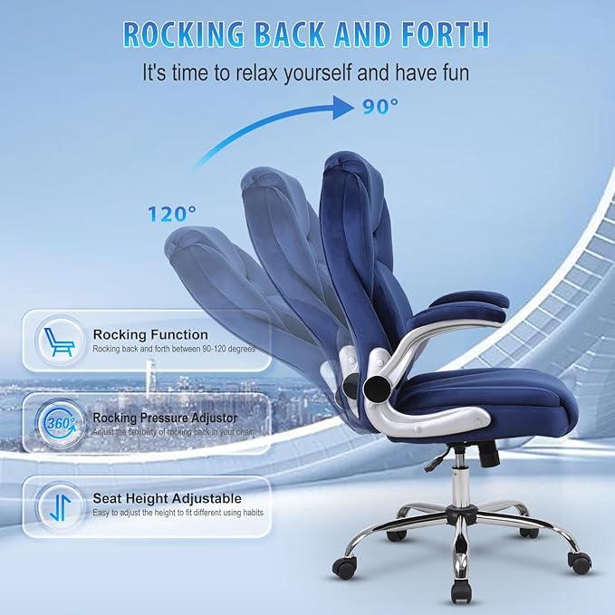 Executive Office Chair with Lumbar Support, Back Support Office Chairs with Wheels, 90-120°Rocking High Back Ergonomic Desk Chair with Flip-up Armrs, Home Computer Chair (Blue)