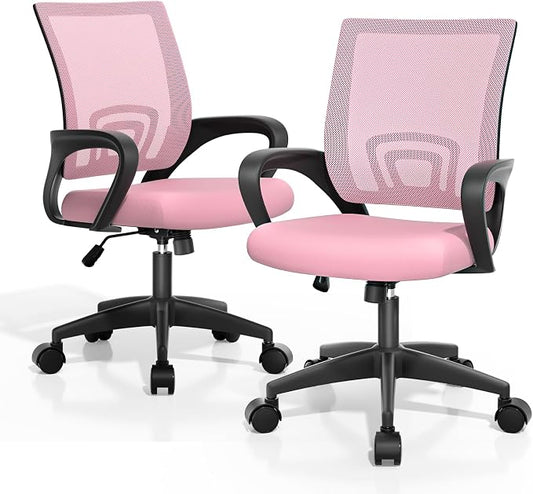Magshion Ergonomic Office Chair Pack of 2, Mid-Back Mesh Desk Chair, Adjustable Swivel Computer Chair with Lumbar Support & Breathable Backrest for Gaming, Work, Study, 300 Lbs Capacity, Pink