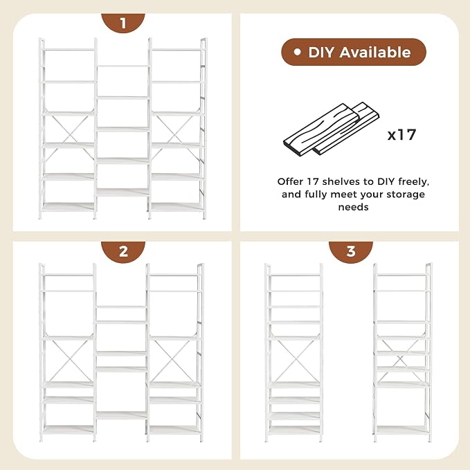 SUPERJARE Triple Bookshelf, Bookcase with 17 Open Display Shelves, Wide Book Shelf Book Case for Home & Office, 6 Tier, White