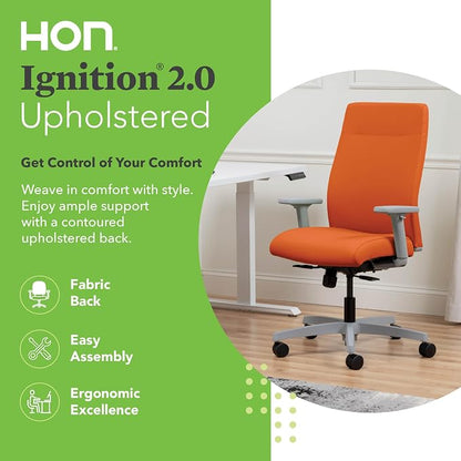 HON Ignition 2.0 Ergonomic Office Chair with Adjustable Arms, Standard Synchro‑Tilt Recline, Upholstered Desk and Computer Chair for Home Office or Workstation, Titanium Frame, Apricot
