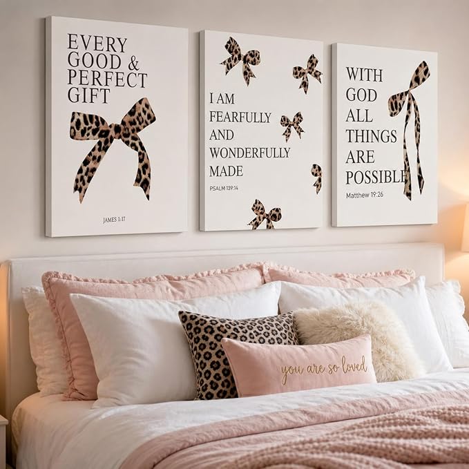 Leopard Bow Wall Art, Y2K Cheetah Print Room Decor for Teen Girls, Inspirational Bible Verses Bow Wall Decor Canvas Pictures Aesthetic for Bedroom Bathroom Dorm 16x24 Inch Framed