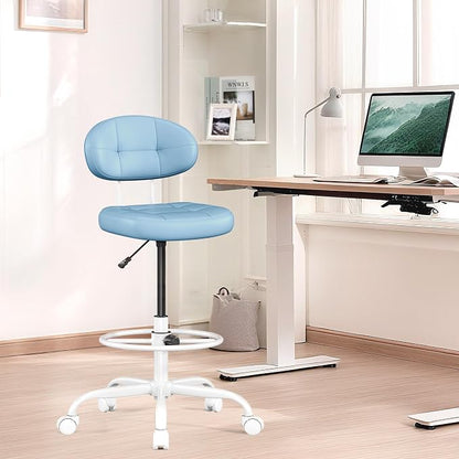 Misolant Drafting Chair, Armless Tall Office Chair with Footrest Ring for Standing Desk, Small Faux Leather Executive Computer Chair with Adjustable Height for Bar Lab Counter Height Desk, Blue