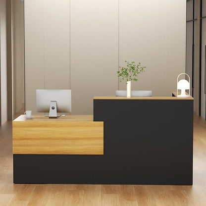 85.8 inches L-Reception Desk with Counter Modern Front Table Checkout Counter Table Retail Counter for Reception Room,Salon,Office,Store,Shop,Clinic,Lobbies,Retail,Home,Black and Natural