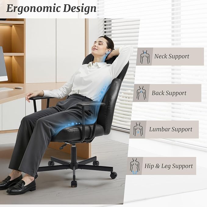 Cozyman Ergonomic PU Leather Home Office Chair, High Back Executive Desk Chair with 5-Layer Cushion, 95-135° Reclining Back, Lumbar Support, Adjustable Height, 360° Swivel for Home Office Task, Black