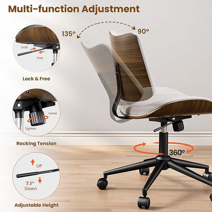 REONEY Home Armless Office Chair, Modern Walnut Desk Chair with Wheels, Adjustable Swivel Rolling Task Chair with Curved Back for Reading,Meeting Room,Beige