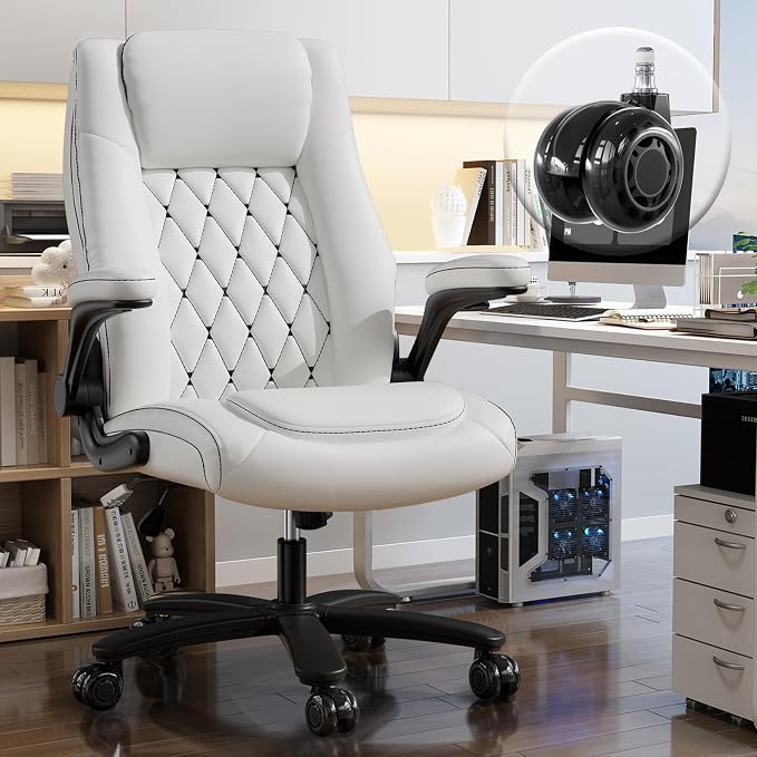GYI High Back Executive Office Desk Chair, Leather Computer Chair, White | 2.6"Rubber Wheels, Flip-up Arms, Heavy Duty Base, Thick Padded Seat, Lumbar Support, Home, Conference Rooms, Reception Areas