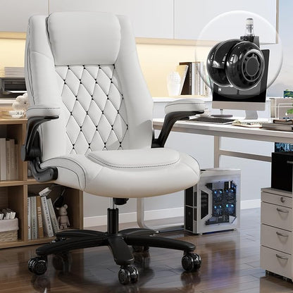 GYI High Back Executive Office Desk Chair, Leather Computer Chair, White | 2.6"Rubber Wheels, Flip-up Arms, Heavy Duty Base, Thick Padded Seat, Lumbar Support, Home, Conference Rooms, Reception Areas