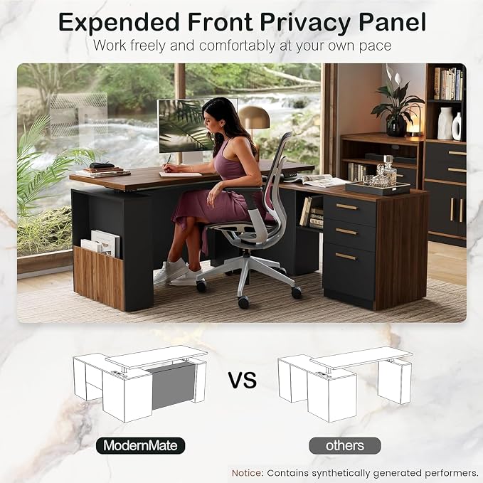 ModernMate 63" Standing Desk with File Cabinet, Privacy Panel, AC/USB, 1.18" Desktop, Executive L Shaped Height Adjustable Electric Stand Up Desk, Home Office Table with 3 Drawers, Black Walnut