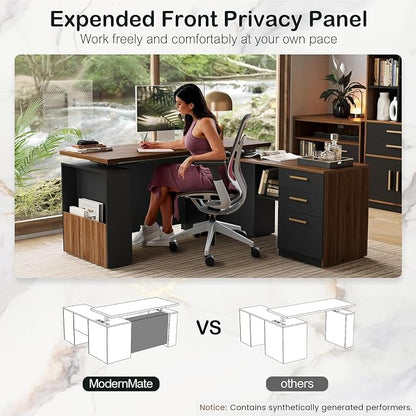 ModernMate 63" Standing Desk with File Cabinet, Privacy Panel, AC/USB, 1.18" Desktop, Executive L Shaped Height Adjustable Electric Stand Up Desk, Home Office Table with 3 Drawers, Black Walnut