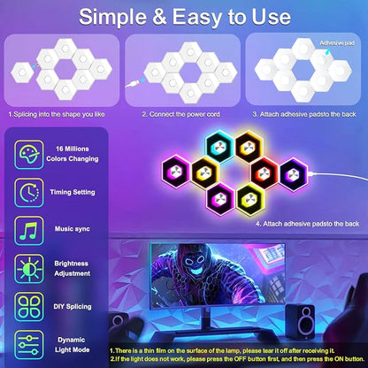 6 Pack Hexagon Lights Wall RGBW Panel - Hexagonal Led Lights Room Decor Wall Lights，with Smart APP Music Sync Honeycomb Shape Panels Hexagon for Gaming Lights Bedroom Children Decor