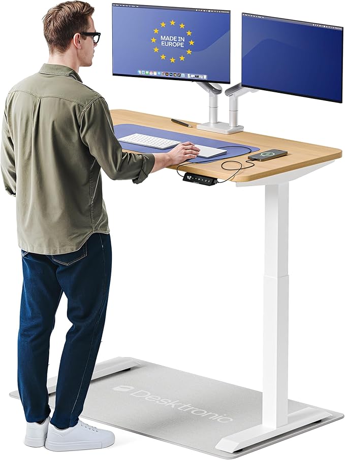 Desktronic HomeOne Standing Desk 48x24 — Ergonomic Sit Stand Home Office Desk, Made in Europe, Electric Dual Motor Height Adjustable, USB & USB-C Charging, Wobble-Free, Touchscreen, 3 Memory Presets