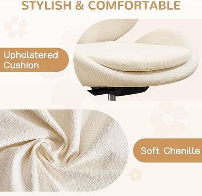 Furniliving Chenille Armless Desk Chair with Wheels, Upholstered Home Office Chair with Double-Layer Cushion, Adjustable Swivel Computer Vanity Chair with Rocking Back, White