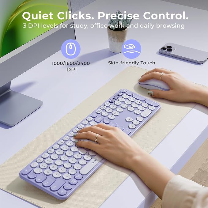seenda COE202 Wireless Bluetooth Keyboard and Mouse Combo, Lilac Purple | USB & Dual Bluetooth for 3-Device Switching, Soft Quiet Round Keys, Silent Clicks, Full-Size for PC/Laptop/Mac/MacBook/iPad