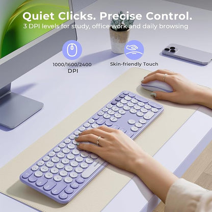seenda COE202 Wireless Bluetooth Keyboard and Mouse Combo, Lilac Purple | USB & Dual Bluetooth for 3-Device Switching, Soft Quiet Round Keys, Silent Clicks, Full-Size for PC/Laptop/Mac/MacBook/iPad