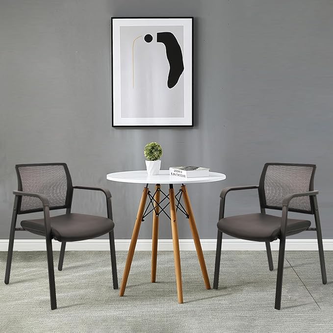 CLATINA Stackable Office Chair, Mesh Back Guest Chairs with Comfortable Leather Seat Arms Stacking Ergonomic Desk Chair No Wheels for Conference Waiting Reception School Stationary, Black, Set of 8