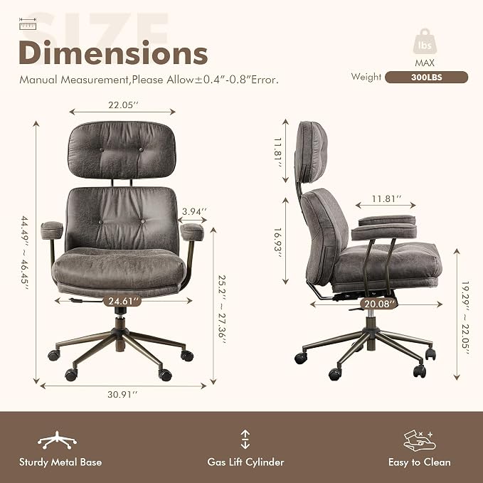 Faux Leather Executive Office Chair - Big and Tall Ergonomic Home Office Chair,Computer Desk Chairs with Lumbar Support,Adjustable Task Swivel Rolling PC with Wheels,Suede,Grey