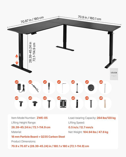 VEVOR L Shaped Standing Desk 71 x 71 inch, 3 Memory Height Adjustable, Electric Corner Standing Desk with Dual Motor, 2 Hooks & Cable Hole, Heavy Duty Carbon Steel Sit Stand Computer Workstation Table
